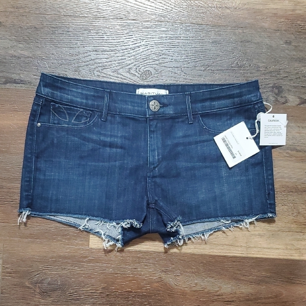 Habitual Tate Dark Blue Frayed Hem Jean Shorts